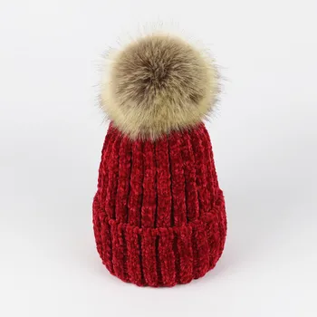 Moterų žiemos skrybėlę su Kailio Pom pom Megztos Kepurės Beanies skrybėlė motinos Dryžuotas Megztiniai Skullies Su Plaukuotas Kamuolys išlaikyti šiltas kepurės