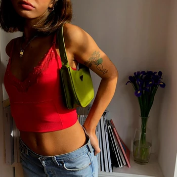 Moteris Seksuali Raudonos spalvos Nėrinių Apdaila V-kaklo Cami Y2K Estetinės Rankovių Backless Spageti Dirželis Pasėlių Viršų E-girl Vasaros Drabužių Streetwear