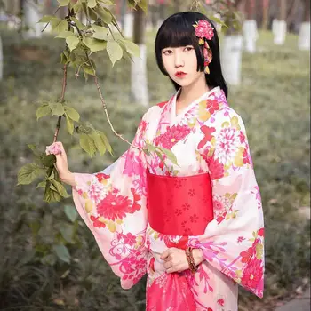 Rožinė Japonijos Nacionalinės Yukata Moterų Kimono Skraiste Suknelė Su Diržo Cosplay Kostiumas Gėlių Etape Parodyti Drabužius Oficialų Vakarinę Suknelę