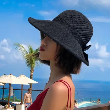 Vasaros Moterų Saulės Skrybėlės Didelis Kraštų Klasikinis Bowknot Sulankstomas Mados Šiaudų Skrybėlę Atsitiktinis Lauko Paplūdimio Kepurė Moterims UV apsauga Skrybėlę