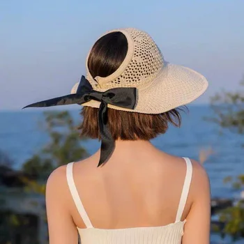 Vasaros Moterų Saulės Skrybėlės Didelis Kraštų Klasikinis Bowknot Sulankstomas Mados Šiaudų Skrybėlę Atsitiktinis Lauko Paplūdimio Kepurė Moterims UV apsauga Skrybėlę