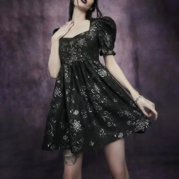 Rosetic Gotikos Gėlių Spausdinti Moterų Suknelė Vasaros 2021 Mados Nėriniai 2 vnt Derliaus Trumpos Suknelės, Šaliai, Atsitiktinis Dizainerio Juoda