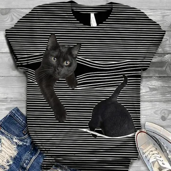 Dryžuotas Katinas Spausdinti Mados Atsitiktinis Trumpomis Rankovėmis T-Shirt Retro Classic 