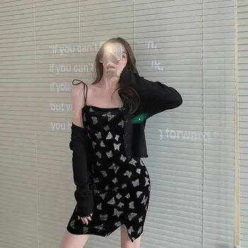 Drugelis Spausdinti Aksomo Strappy Maža Juoda Suknelė Moterų Europos Ir Amerikos Stiliaus Mados Slim Backless Suspender Suknelė