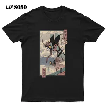 LIASOSO Evangelion Anime T Shirt Spausdinti Vyrų, Moterų Atsitiktinis Juodos spalvos trumpomis Rankovėmis Harajuku Tees Viršūnes Negabaritinių Manga Grafinis T-Shirts