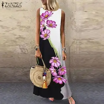 2021 ZANZEA Stilingas Gėlių Spausdinti Maxi Suknelė Moterims Vasaros Sundress Atsitiktinis Ponios Berankovis Bakas Vestidos Moterų Apdaras