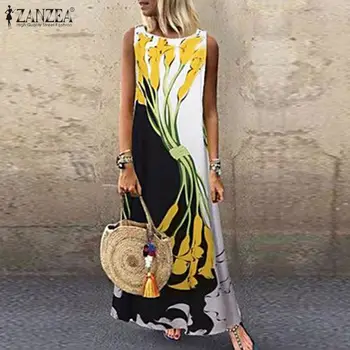 2021 ZANZEA Stilingas Gėlių Spausdinti Maxi Suknelė Moterims Vasaros Sundress Atsitiktinis Ponios Berankovis Bakas Vestidos Moterų Apdaras