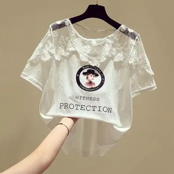 Trumpas Rankovės marškinėliai Moterims Topai Rožinė Vasaros korėjos Drabužių Moterų marškinėliai Mados Spausdinti Nėrinių Marškinėliai Black Mados Naujų 2021