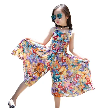 Merginos Diržas Naujas Vasaros Šifono Erdvus Vaikų vidutinio amžiaus Vaikų Grūsti Gėlių Plataus kojomis Jumpsuit Suknelė 4-12 metų Amžiaus