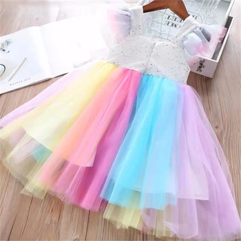 Fly-rankovės Baby Princess Dress Vaikai Vaivorykštė Suknelės Mergaitėms Vasaros Baigimo Vestuves Drabužius su Lankelis