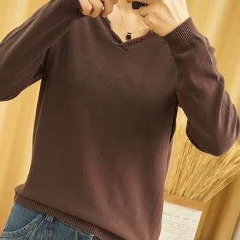 Pavasarį Naują Moterų V-kaklo Apsidraudimo Medvilnės, Kanapių Megztinis Laukinių Gryna Spalva Atsitiktinis Mados Long Sleeve T-Shirt