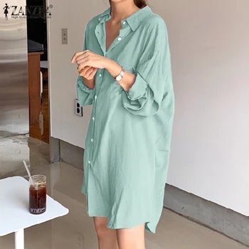 2021 ZANZEA Elegantiškas, Kietas Marškinėliai Suknelė Moterims Pavasario Sundress Moterų Apdaras Atsitiktinis ilgomis Rankovėmis Mygtuką Atvartas Trumpas Vestido7