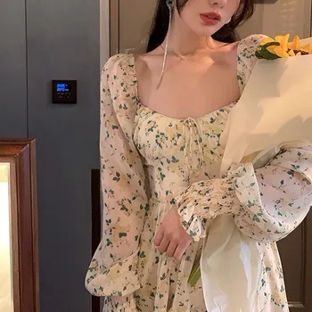 2021 Naujas Vasaros Derliaus Saldus Gėlių Suknelė Vienas Gabalas Moterų Korėjos Elegantiškas Ilgomis Rankovėmis Office Lady Mini Suknelė Tvarstis Paplūdimio Suknelė