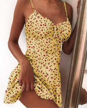 Saldus Braškių Spausdinti Moterų Suknelė 2021 Atsitiktinis Boho Beach Party Dress Seksuali Spageti Dirželis Backless Bodycon Mini Suknelė Vestidos