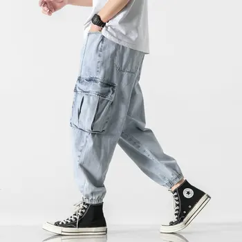 Naujas Mens Mėlynai Pilkos spalvos Džinsus Streetwear korėjos Mygtuką 2021 Skristi Džinsai Vyrų Mados Didelis Kišenę Laisvus Negabaritinių Džinsinio audinio Kelnės 5XL