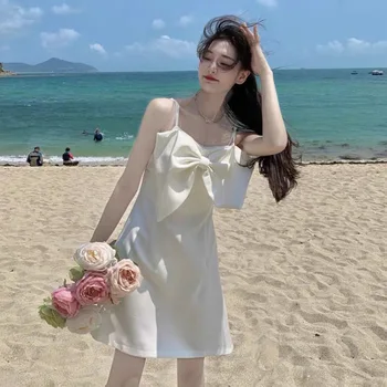 Vasaros Moterų Suknelė Saldus Lankas Backless V-kaklo Spageti Dirželis Paplūdimio Suknelės Rankovių Mini Suknelė Gimtadienio Suknelė Moterims