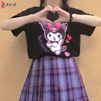 Japonijos Cottom Saldus Animacinių filmų Spausdinti trumpomis Rankovėmis T-shirt Moteris Studentų Laisvi Drabužiai Paauglių Mergaičių Lolita Y2k Tees Vasaros Viršūnes