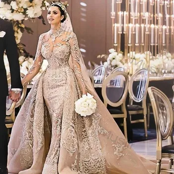Prabanga Arabų Šampano Undinė Vestuvių Suknelės Iliuzija Kaklo, Ilgomis Rankovėmis Nėriniai Dubajus Vestuvių Suknelė Nuimamas Traukinio 2021