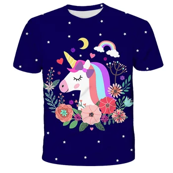 Vienaragis arklys mados berniukų ir mergaičių marškinėliai vaikams, cartoon print T-shirt baby vienaragis 3D viršuje drabužiai, marškinėliai