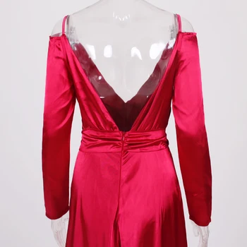 Raudona Satino Naktinių Klubų Suknelė Strappy Nuo Peties Giliai V Kaklo Vakare Gown Varčias Aukštos Skyla Backless Maxi Suknelė
