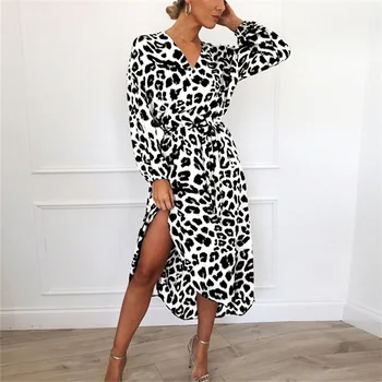 2021 m. Pavasarį Moterų Seksualus V-kaklo Leopardas Spausdinti ilgomis Rankovėmis Šifono Suknelė Moterų Mados Tendencija Plius Dydis Moterų Drabužiai
