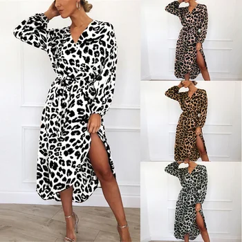 2021 m. Pavasarį Moterų Seksualus V-kaklo Leopardas Spausdinti ilgomis Rankovėmis Šifono Suknelė Moterų Mados Tendencija Plius Dydis Moterų Drabužiai