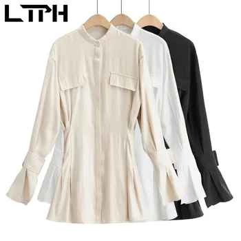 LTPH ins mados marškinėliai stilius satino suknelė paprasta derliaus Viename Krūtinėmis Blyksnius rankovės mažas stovėti apykaklės, suknelės, 2021 m. Pavasarį Naujas