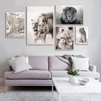 Afrikos savana liūtas, leopardas Juoda ir Balta Drobė Meno Tapybos Plakatai ir Spausdina Cuadros Sienos Meno Nuotrauka už Kambarį