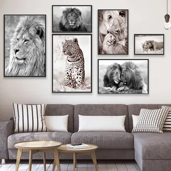 Afrikos savana liūtas, leopardas Juoda ir Balta Drobė Meno Tapybos Plakatai ir Spausdina Cuadros Sienos Meno Nuotrauka už Kambarį