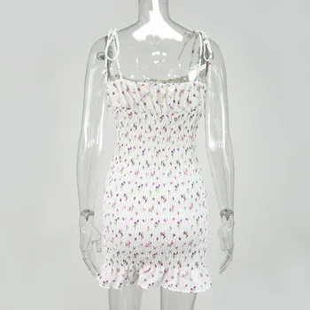 Baltųjų Gėlių Shirred Mini Suknelė Vasaros 2021 Moterų Raukiniai Suknelė Seksualus Dirželiai Plisuotos Ruched Bodycon Dresse