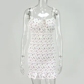 Baltųjų Gėlių Shirred Mini Suknelė Vasaros 2021 Moterų Raukiniai Suknelė Seksualus Dirželiai Plisuotos Ruched Bodycon Dresse