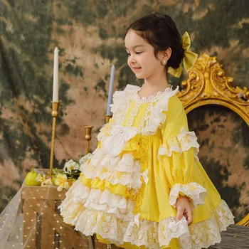 Vaikai Vestidos ispanijos Mergina Dress Kūdikių Vestuvių Gėlių Princesė Suknelė Mergaitėms Lolita Geltona Boutique Gimtadienio Suknelė Mergina apranga