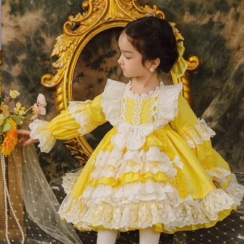 Vaikai Vestidos ispanijos Mergina Dress Kūdikių Vestuvių Gėlių Princesė Suknelė Mergaitėms Lolita Geltona Boutique Gimtadienio Suknelė Mergina apranga