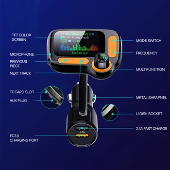 Hot FM Siųstuvas Bluetooth 5.0 AUX Rankas-Nemokama Automobilių Moduliatorius Spalvotas Ekranas Automobilinis Mp3 Grotuvas Automobilinis USB Dual Greitas Įkroviklis