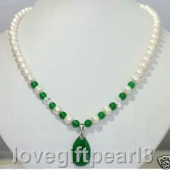 Naujų Papuošalų Baltos spalvos Gėlavandenių Perlų & green jade Karoliai Pakabukas