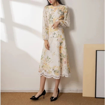 2021 NAUJĄ pavasario rudens moterys siuvinėjimų suknelės dizaineris moterų tuščiaviduriai iš elegantiškas ilgas suknelės ilgomis rankovėmis suknelė