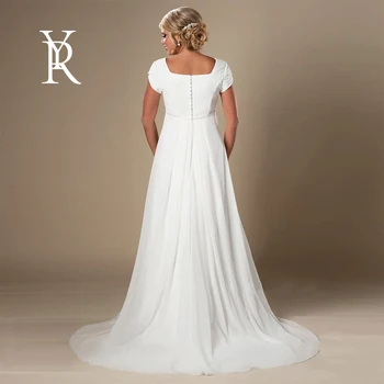 YILIBER Šifono vestuvinė suknelė kvadratas apykaklę, trumpas sleev paprasta atmosferą vestuvių suknelė mygtukai raukšlės, uodegų