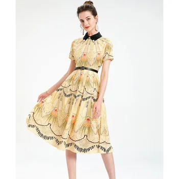 Moterų Suknelė Aukštos Kokybės Naujas Mados kilimo ir tūpimo Tako Vasaros Pasukite Žemyn Apykaklės trumpomis Rankovėmis Spausdinti Atsitiktinis Suknelė NP1635N