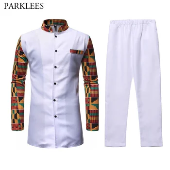Balta Afriacn Dashiki Suknelė Marškinėliai Ziajać Rinkinys 2 vnt Apranga Nustatyti Streetwear Atsitiktinis Vyrų Afrikos Drabužius Afrikos Marškinėliai su Kelnių