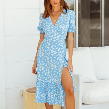 Y2K Vasaros Paplūdimio Maxi Suknelė Moterims Gėlių Spausdinti Boho Ilgą Šifono 2021 Raukiniai Wrap Atsitiktinis V-Kaklo Padalinta Seksualus Šalis Suknelė Skraiste