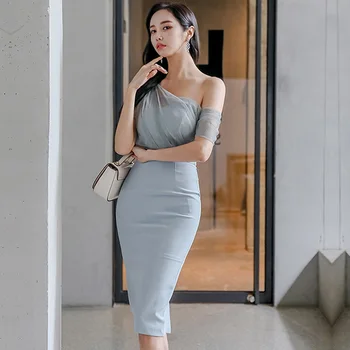 Aukštos Juosmens Stora Suknelė 2021 M. Vasarą Korėjos Versija Paprasta Vieno Peties Stebėjimo Paprasto Temperamentas Elegantiškas Šalis Suknelė Moterims