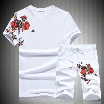 Ryškių gėlių modelio spausdinimo trumpas rankovės marškinėliai ir šortai rinkiniai, Vasaros, Nauja aukščiausios kokybės medvilnės mados atsitiktinis vyrų kostiumai M-5XL