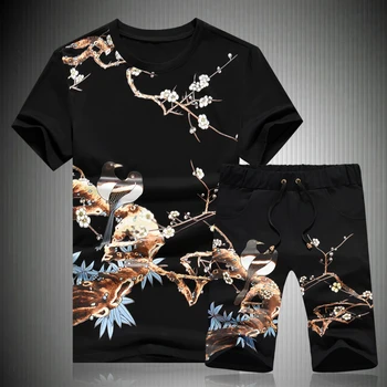 Ryškių gėlių modelio spausdinimo trumpas rankovės marškinėliai ir šortai rinkiniai, Vasaros, Nauja aukščiausios kokybės medvilnės mados atsitiktinis vyrų kostiumai M-5XL