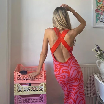 Vasaros Atsitiktinis Moterų Suknelės Rožinė Raudona Y2K Mezgimo Midi Backless Rankovių Beach Sexy Šalies Ilgos Suknelės Sundress Skraiste Femme 2021