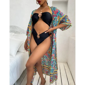 Vasarą Moterys\u2019s Bohemijos Gėlių Spausdinti Paplūdimio Suknelė Atvira Priekiniai užrišti Kimono Megztinis Atsitiktinis Paplūdimio Ilgai Bikini Padengti Iki
