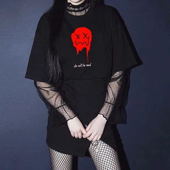 INS Japonijos Moterys vasarą T-shirt O-kaklo prašmatnus smiley veido modelį punk atsitiktinis viršūnes paprasta pasiruošę stilius laisvas spausdinti moterų drabužiai