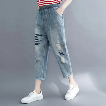Kankina Džinsai Moterims Korėjos Mados Tendencija Street Style Hip-Hop Negabaritinių Vasaros Išsiuvinėta Elastinga Aukštos Juosmens Medvilnės Džinsinio Audinio Kelnės