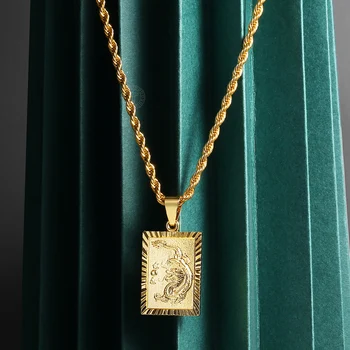 Pasisekė Amuletas Simbolis Drakonas Pakabukas Karoliai Vyrams 3mm Aukso Spalvos Vytos Virvės Nuorodą Grandinės 24inch Didmeninės Juvelyrikos LGP426B8