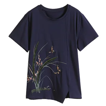 Shintimes Appliques Augalų Gėlių Spausdinti Marškinėliai Moterims Vasaros Viršūnes 2021 Plius Dydis T-Shirt Moters Drabužių Medvilnės Marškinėliai Femme