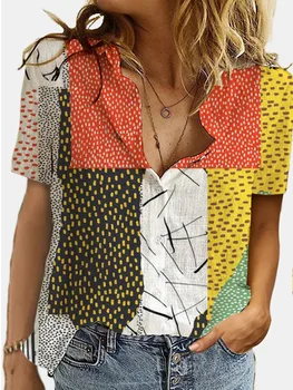 Mados Geometrijos 3D Spausdinimo Vasaros Marškinėliai Moterims Atvartas trumpomis Rankovėmis Mygtuką Lady Office Marškinėliai Moteriška Streetwear Plius Dydžio Palaidinukės 3XL